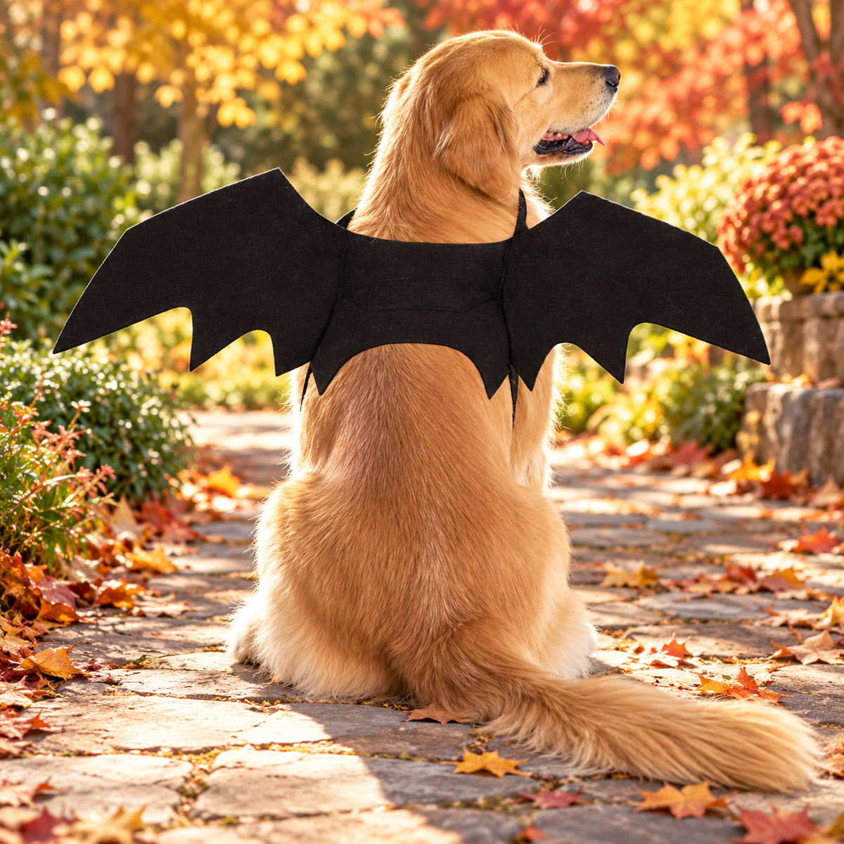 Golden retriever wearing black bat wings in an autumn garden