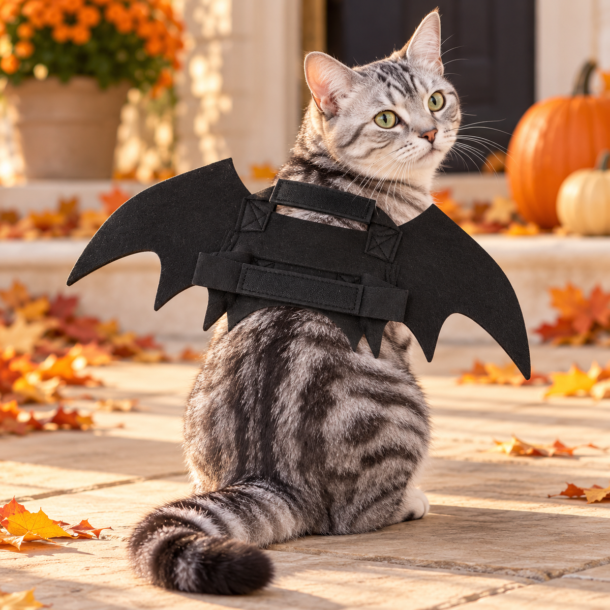 Silver tabby cat wearing black felt bat wings on an autumn porch