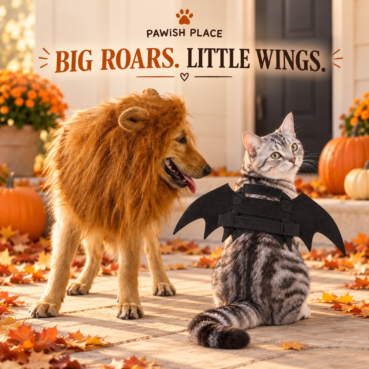Dog in a shaggy lion mane beside a cat in bat wings, with Big Roars Little Wings headline