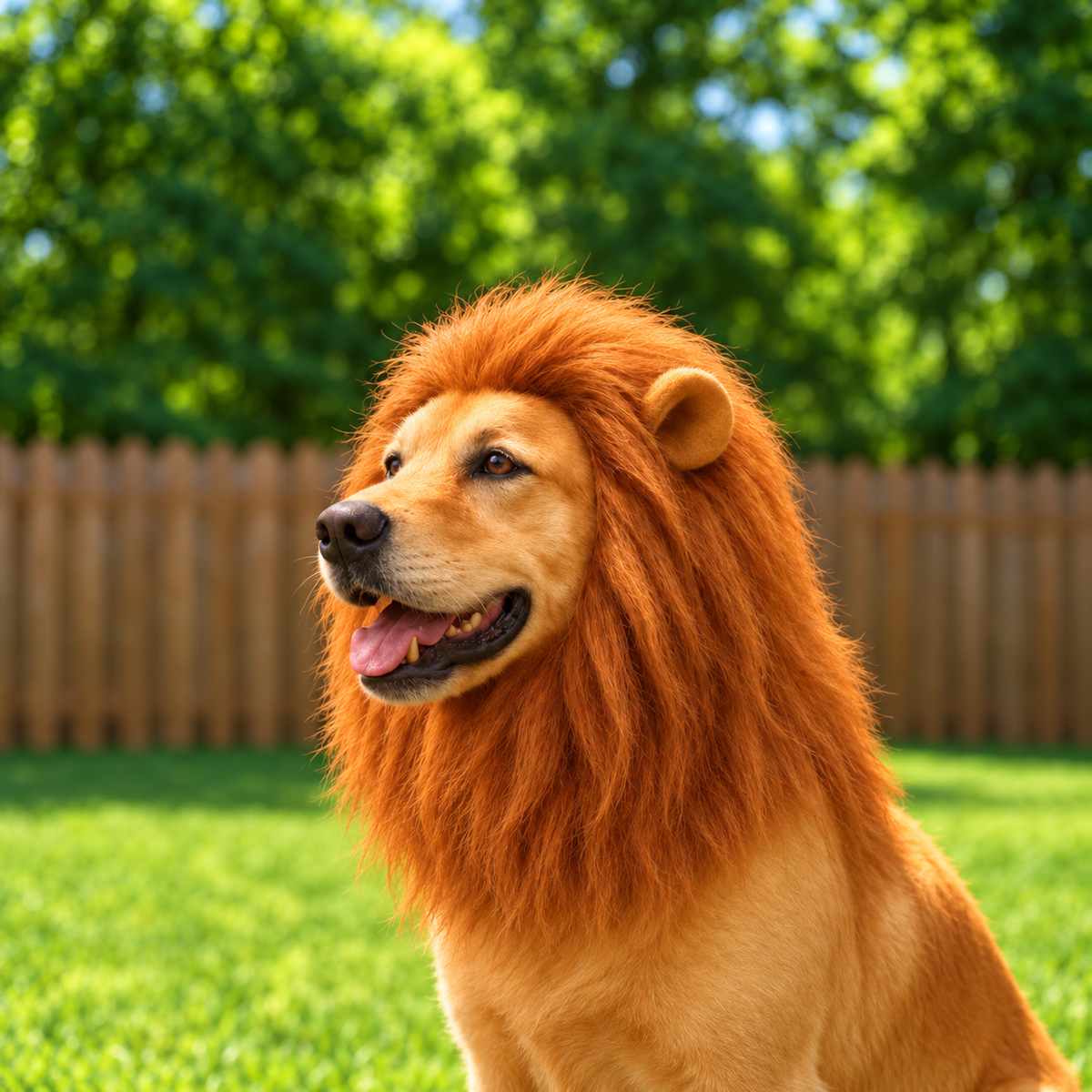 Golden dog wearing a medium-length lion mane costume in a grassy backyard